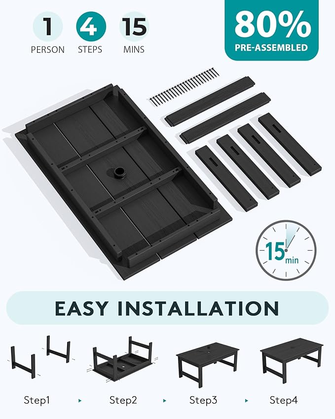SERWALL HDPE Patio Coffee Table for Balcony, Deck, Black