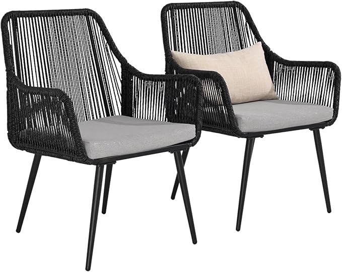 Patio Dining Chairs Outdoor Dining Chairs Set of 2, Woven Twisted Wicker Rattan Chair with Armrest and Cushion, Modern Indoor Outdoor Seating for Garden, Lawn, Backyard, Black