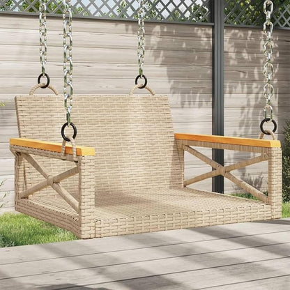 Patio Swing Bench Beige 4-Piece Set, Modern Outdoor Hanging Chair with Woven Rattan and Acacia Wood Frame, Weather-Resistant and Lightweight for Garden, Balcony, or Patio