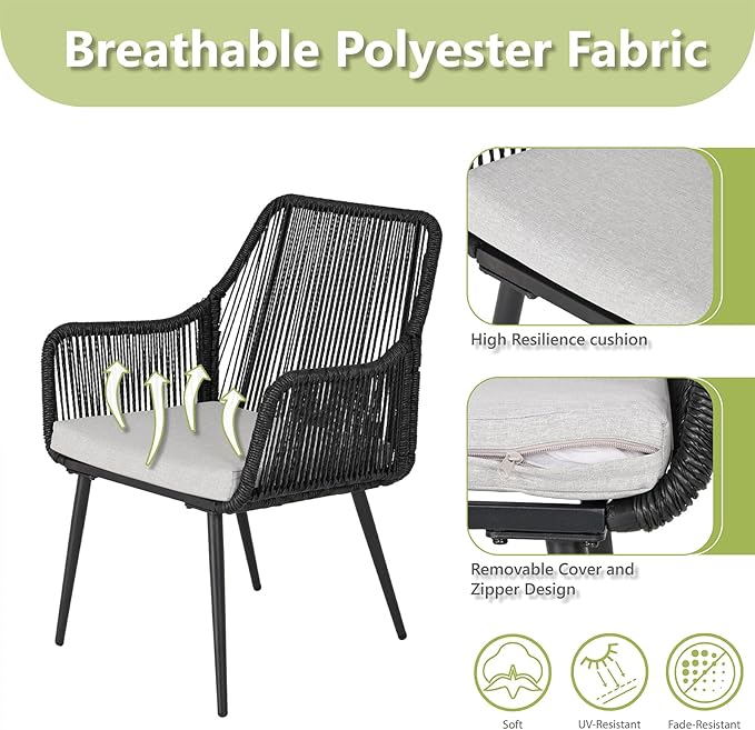 Patio Dining Chairs, Outdoor Dining Chairs with Armrest and Cushion Set of 6, Woven Twisted Wicker Rattan Chair, Modern Indoor Outdoor Seating for Garden, Lawn, Backyard, Black