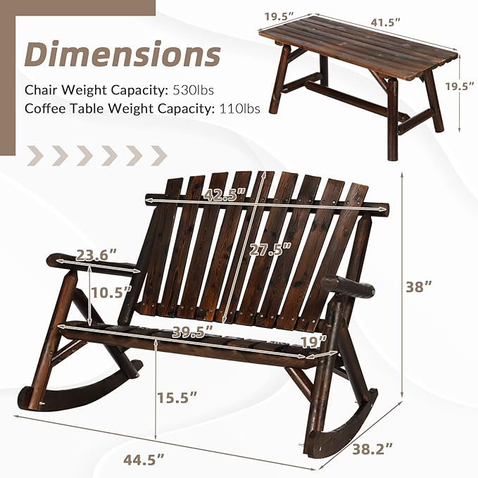 Patio Wooden Rocking Bench, Outdoor Conversation Sets with 2-Seater Adirondack Porch Rocker Loveseat and Coffee Table, Patio Rustic Log Rocker Bench for Deck, Backyard, Garden, Carbonized