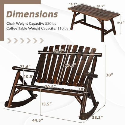 Patio Wooden Rocking Bench, Outdoor Conversation Sets with 2-Seater Adirondack Porch Rocker Loveseat and Coffee Table, Patio Rustic Log Rocker Bench for Deck, Backyard, Garden, Carbonized