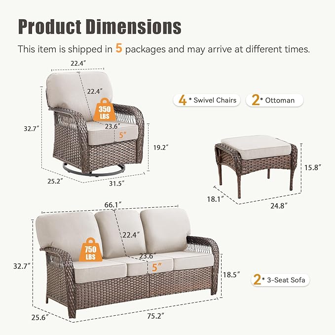 8 Pieces Wicker Patio Furniture Set, Wicker Swivel Rocker Patio Chairs 3 Seater Sofa with Ottomans Rattan Side Table - Photo 2
