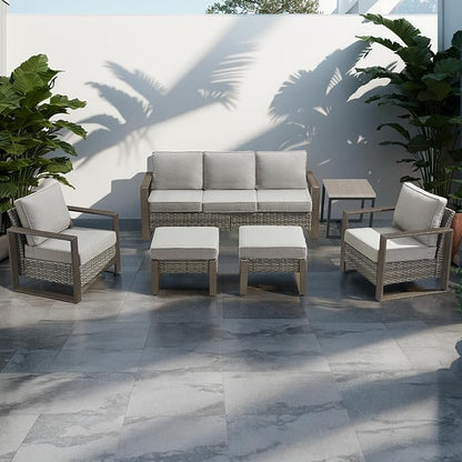 Outdoor Wicker Patio Furniture Set - 6 Piece Patio Conversation Set with 2 Wicker Armrest Chairs,2 Rattan Ottoman,1 Side Table and 1 Couch,Sturdy Frame,Thick Cushions,Deep Seating(Mixed Grey/Grey)