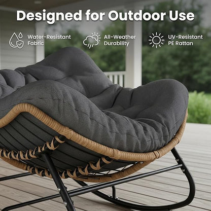 SWITTE Outdoor Rocking Chair, Oversized Patio Papasan Rocker, Comfy Wicker Reading Lounge, Indoor Egg Chair for Bedroom, Living Room, Porch, Garden, Lawn-Dark Grey