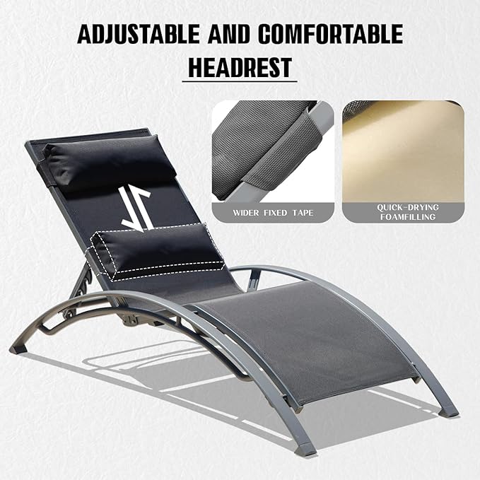 Domi Pool Lounge Chairs Set of 2, Adjustable Aluminum Outdoor Chaise Lounge Chairs, All Weather for Deck Lawn Poolside Backyard -Dark Grey Textilene