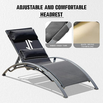 Domi Pool Lounge Chairs Set of 2, Adjustable Aluminum Outdoor Chaise Lounge Chairs, All Weather for Deck Lawn Poolside Backyard -Dark Grey Textilene