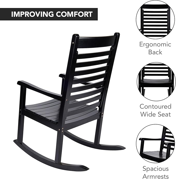 Shine Company Modern Wood Rocking Chair, Ergonomic Wide Seat Porch Rocker, Black