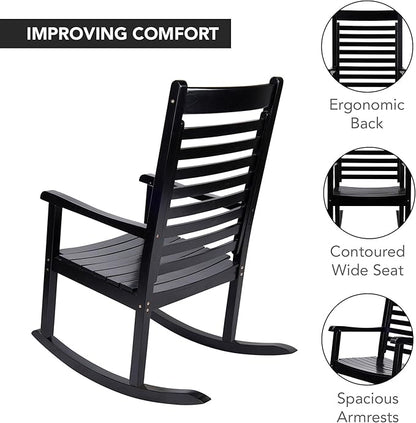Shine Company Modern Wood Rocking Chair, Ergonomic Wide Seat Porch Rocker, Black