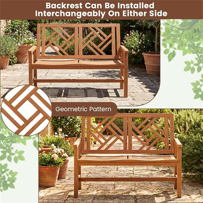 48 Inch Solid Hardwood Garden Bench, 2-Person Outdoor Wood Patio Loveseat with Geometric Backrest and Contoured Seat, Heavy Duty Porch Furniture for Backyard and Balcony, 660 lbs Capacity