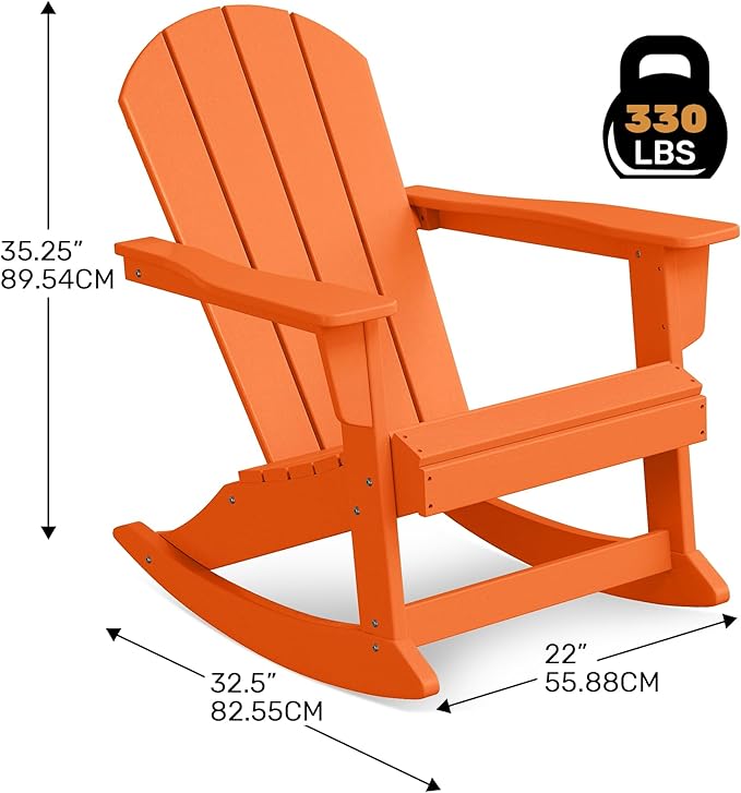 Costaelm Outdoor Adirondack Chair, All Weather Resistant Classic Balcony Chair and Fire Pit Chairs, Adirondack Plastic Outdoor Porch Furniture Rocking Chair High Back HDPE Poly Lumber, Orange