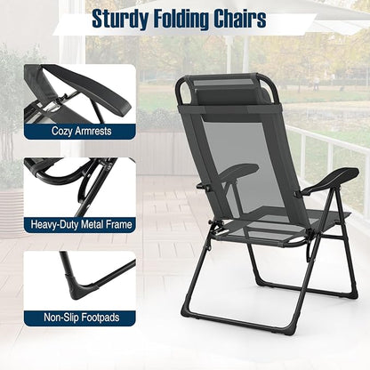 Giantex Set of 4 Patio Folding Chairs, Portable Outdoor Dining Chairs with 7-Level Adjustable Backrest, Headrest, Metal Frame, Outside Recliner for Front Porch Camping Picnic Lawn Garden, Dark Gray