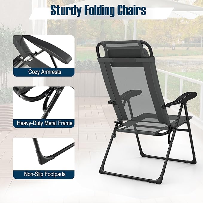 Giantex Set of 2 Patio Folding Chairs, Portable Outdoor Dining Chairs with 7-Level Adjustable Backrest, Headrest - Photo 6