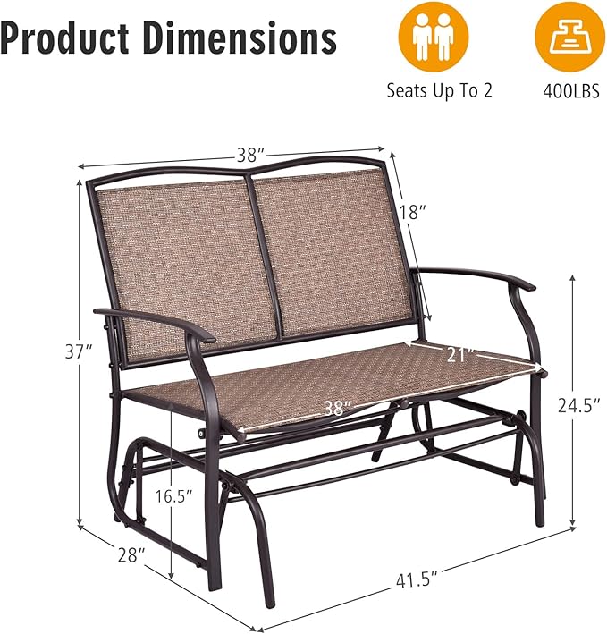 Byroce 2-Person Patio Outdoor Glider Bench, Double Swing Loveseat Rocker with Heavy Duty Metal Frame, 400 LBS, Rocking Chair for Backyard, Balcony, Garden, Poolside, Deck, Front Porch (Brown)