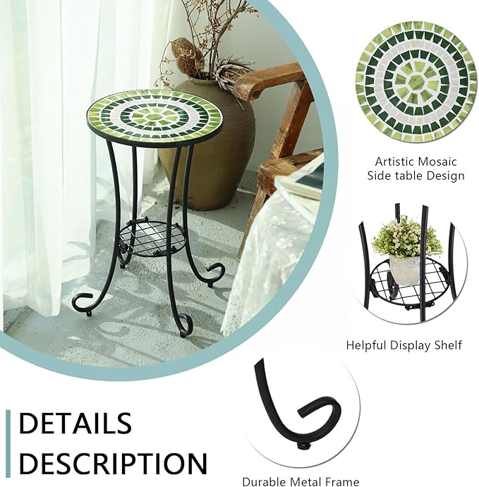 VCUTEKA Outdoor Side Table Mosaic Patio Table Accent Tables Mosaic Tile Top Metal Frame Small End Tables Porch Beach Patio Garden Balcony Grass Green