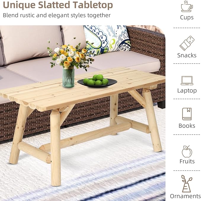 Outdoor Coffee Table, Thick Wooden Patio Adirondack Log Coffee Table with Slatted Tabletop, Solid Wood Rustic Rectangle Center Table for Deck, Garden, Balcony, Indoor or Outdoor Use, Natural