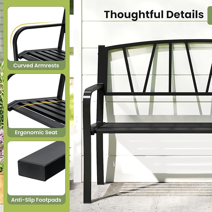 Tangkula Metal Patio Park Bench, Outdoor Garden Bench Loveseat for 2-3 People with Curved Armrests & Minimalist Backrest, Heavy-Duty Outdside Seating for Backyard, Poolside, Porch (Black)