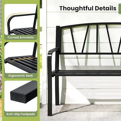 Tangkula Metal Patio Park Bench, Outdoor Garden Bench Loveseat for 2-3 People with Curved Armrests & Minimalist Backrest, Heavy-Duty Outdside Seating for Backyard, Poolside, Porch (Black)