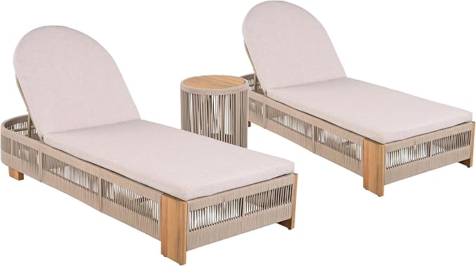 Outdoor Chaise Lounge Set, Patio Chaise Lounge Chairs with Side Table, Teak Chaise Lounge Outdoor with Adjustable Backrest, Teak Faux Wood Side Table and Beige Cushions for Outdoor Use (Beige-3pcs)