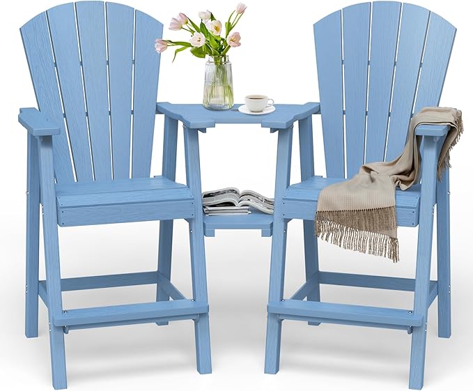 Tall Adirondack Chairs Set of 2, HDPE High Adirondack Chairs with Double Removable Trays, All Weather Outdoor Barstools for Patio, Balcony, Backyard, Deck and Garden, Baby Blue