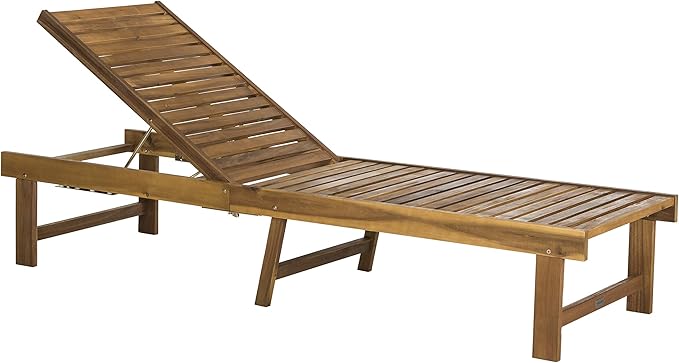 SAFAVIEH Outdoor Collection Inglewood Natural Solid Wood/Navy Cushion Adjustable Chaise Lounge Chair (PAT6723B) - Photo 6
