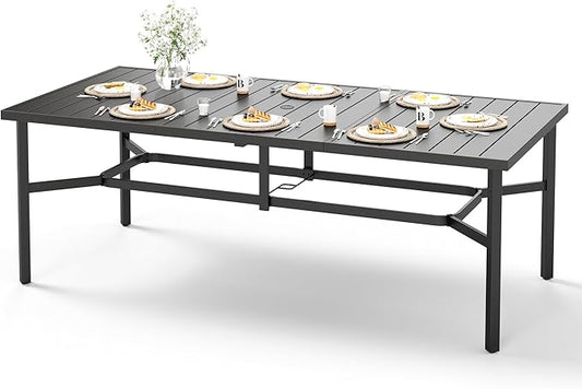 HERA'S HOUSE Patio Table, 8 Person Outdoor Dining Table with Umbrella Hole, Rectangle Black Metal Table for Lawn Garden Backyard Restaurant, 83" L x39 W x29 H