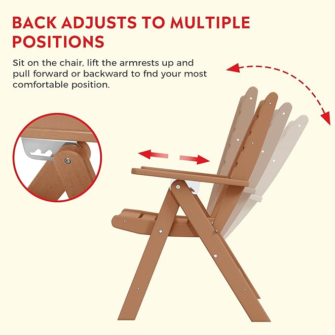Costaelm Outdoor Adjustable Highback Folding Patio Dining Chair, HDPE Armrest Poly Lumber Restaurant Bistro Dining Chair for Outside Porch Backyard Garden, Teak