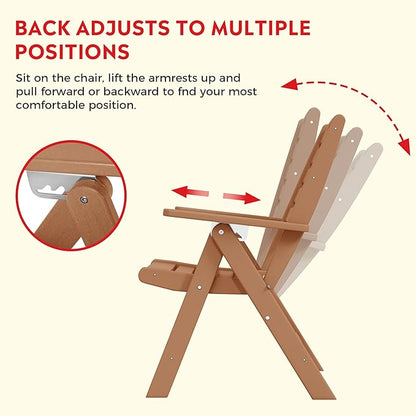 Costaelm Outdoor Adjustable Highback Folding Patio Dining Chair, HDPE Armrest Poly Lumber Restaurant Bistro Dining Chair for Outside Porch Backyard Garden, Teak