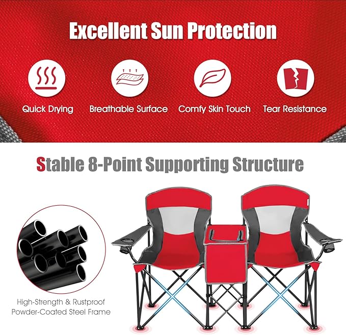S AFSTAR Double Camping Chair w/Shade Canopy, 2-Person Folding Camp and Beach Chair with Mini Table Beverage Cup Holder Carrying Bag, Collapsible Camping Chairs for Garden Patio Pool Beach