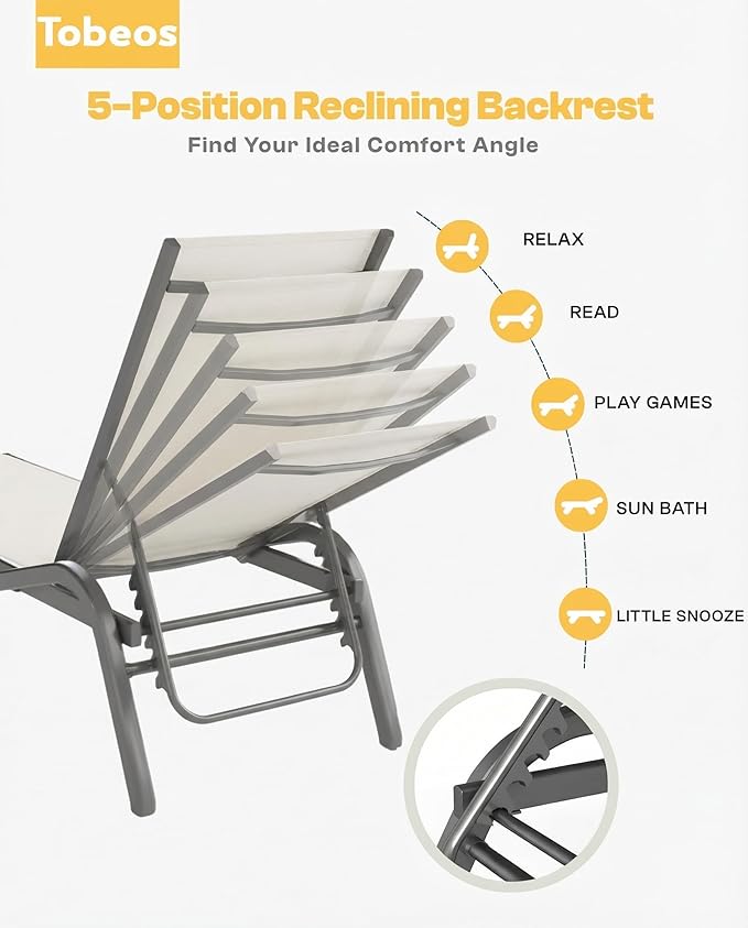 Outdoor Chaise Lounge Chair Set of 2, 5-Position Adjustable Patio Lounge Chair with Aluminum Frame, Textilene Fabric Pool Loung Chairs for Poolside, Deck, Backyard (White)