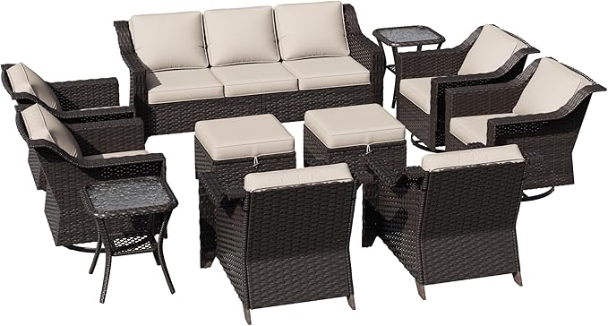 11 Pieces Patio Conversation Furniture Set - 1 Sofa, 2 Ottoman, 2 Armchairs, 4 Swivel Chairs, 2 Side Tables - Photo 7