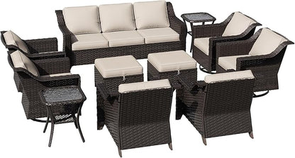 11 Pieces Patio Conversation Furniture Set - 1 Sofa, 2 Ottoman, 2 Armchairs, 4 Swivel Chairs, 2 Side Tables, Outdoor Wicker Furniture with Removable Cushions for Porch, Sunroom (Beige)
