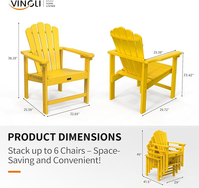 VINGLI Plastic Folding Adirondack Chair with Cup Holder, 100% Recyclable HDPE Material, 380lb Weight Capacity for Outdoor Pool Patio Lounge Chair Lawn Furniture Fire Pit, 4 Pack, Lemon Yellow