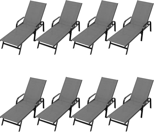 Outdoor Lounge Chair, Adjustable Patio Reclining Chaise with Textilene Fabric, Pool Lounge Chair with 5-Position Backrest for Patio, Garden, Poolside & Balcony,Grey Set of 8