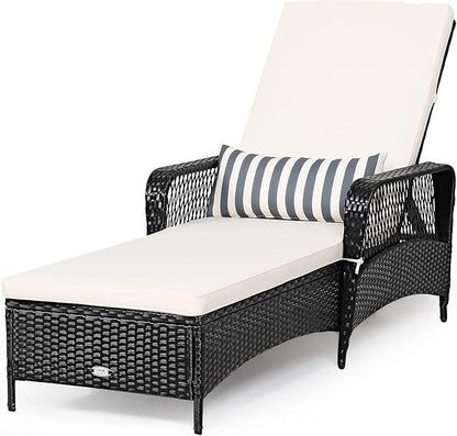 Tangkula Wicker Chaise Lounge Outdoor Set of 2, Patio Rattan Reclining Chaise with 6-Gear Adjustable Backrest, Thick Padded Cushion & Removable Lumbar Pillow, Pool Lounge Chairs for Outside Balcony