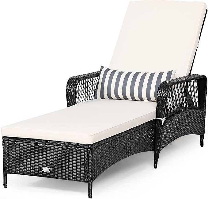 COSTWAY PE Rattan Chaise Lounge Chair Armrest Recliner Adjustable Pillow Black - Photo 1