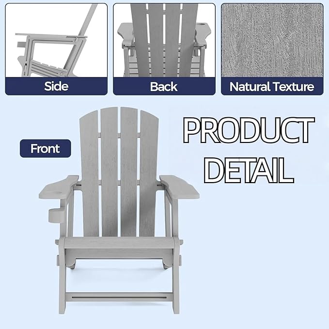 FONTOI Adirondack Chair, Plastic Adirondack Chair with Cup Holder, Outdoor Weather Resistant Lawn Furniture, 400 LBS Capacity Recliner, Garden Backyard Patio Without Screws Install, Grey