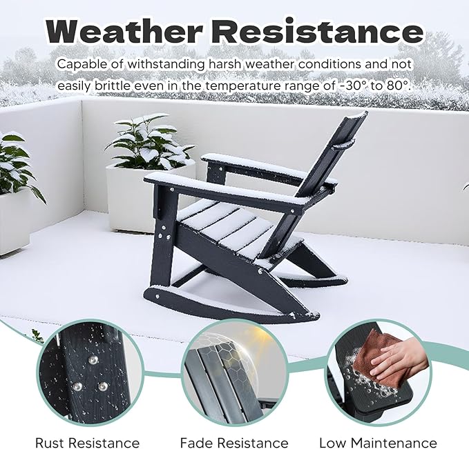 PROHIKER Adirondack Rocking Chair, HDPE All Weather Outdoor Patio Chair with High Backrest and Footboard, Indoor Adirondack Rocker for Lawn Garden Porch Backyard, Black