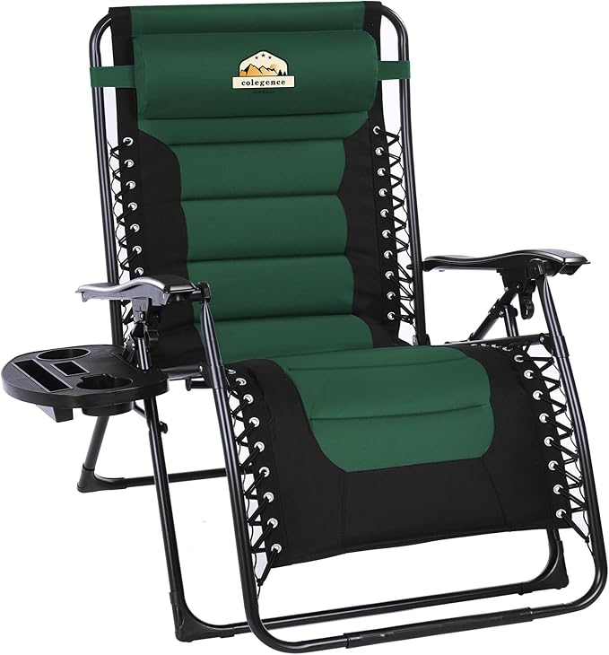 Oversized Padded Zero Gravity Lounge Chair, Foldable Patio Anti Gravity Reclining Chairs Folding Lawn Recliner with Cup Holder for Yard, Camping, Outdoor, Support 350 LBS, Green
