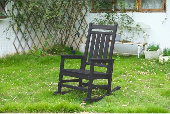 Outdoor Rocking Chair Set with Side Table, 3-Piece Rocking Chair Set with Wood-Texture,All Weather-Resistant,Black (Black + HDPE)