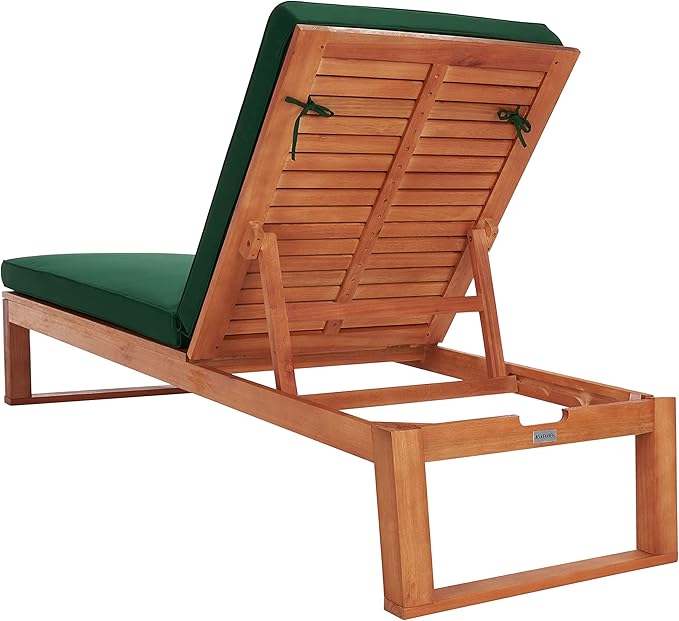 SAFAVIEH Outdoor Collection Solano Natural Brown Solid Wood/Green Cushion Patio Adjustable Chaise Lounge Chair (PAT7024N)