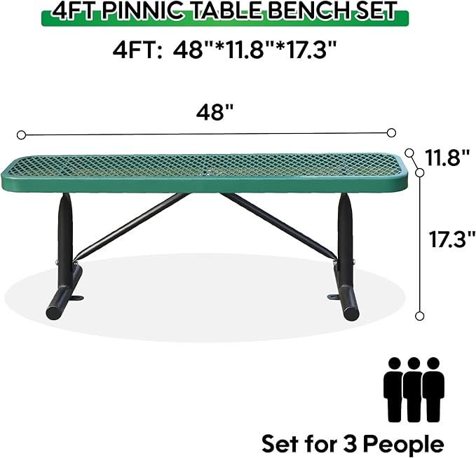 4FT Metal Park Bench for Outside, All-Weather Thermoplastic Coating Outdoor Bench with Anchor, Commercial Heavy Duty Benches for Shopping Malls, Stores, Parks, Patios, Decks, Green