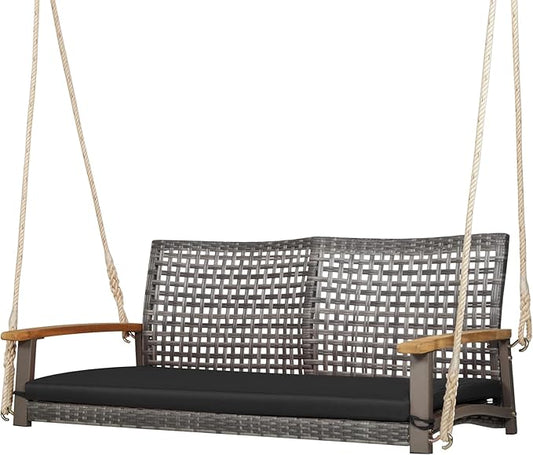Tangkula 2-Person Outdoor Porch Swing with 118" Hanging Ropes, Patiojoy PE Wicker Patio Hanging Swing Bench with Soft Seat Cushion & 800 Lbs Weight Capacity, Suitable for Patio, Garden (Black)