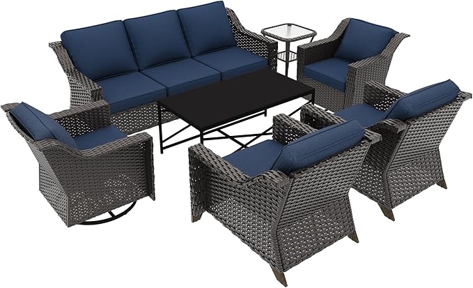 7 Pieces Outdoor Conversation Furniture Set - 77" Patio Sofa, 2 Armchairs, 2 Swivel Glider Chairs, 1 Side Table - Photo 7
