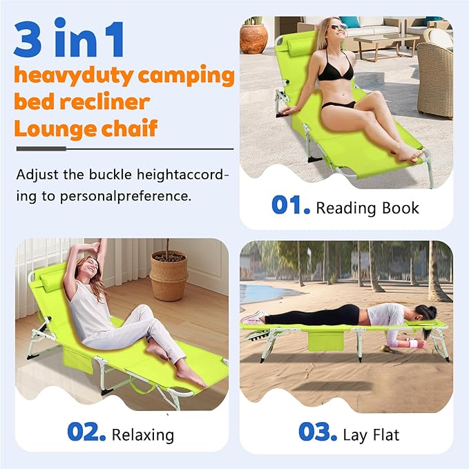 3-in-1 Heavy Duty Tanning Chair with Face Hole Adjustable 5-Position Folding Chaise Lounge Chairs Portable Lay Flat Beach Lounge Chair for Outdoor Sunbathing Patio Pool Lawn Camping Deck (Green)