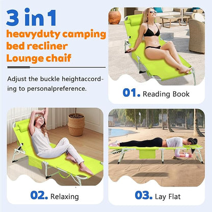 3-in-1 Heavy Duty Tanning Chair with Face Hole Adjustable 5-Position Folding Chaise Lounge Chairs Portable Lay Flat Beach Lounge Chair for Outdoor Sunbathing Patio Pool Lawn Camping Deck (Green)