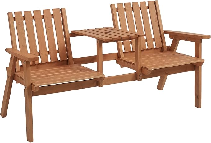 Outsunny Patio Bench, Garden Bench with Middle Table and Umbrella Hole, Wooden Outdoor Bench for Patio, Porch, Poolside - Photo 1