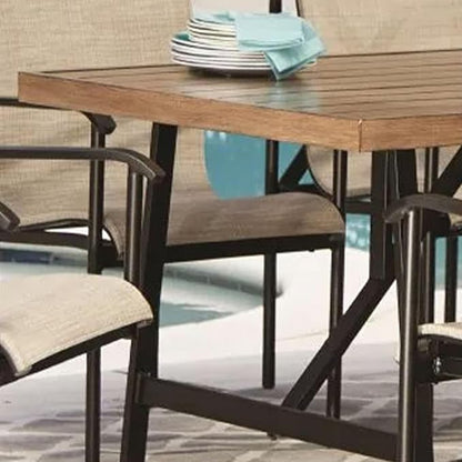 Four Seasons Courtyard 40 x 70 Inch Rectangular Patio Dining Table 2 Tone Aluminum Eastport Slat Tabletop with Rust Proof Aluminum Frame, Black/Coffee