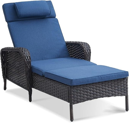 Belord Wicker Outdoor Chaise Lounge Patio Recliner - 75 Inch Adjustable Chaise Lounge with Soft Pillow Removable Cushions, All Weather Rattan Pool Lounge Chair for Poolside Deck Brown/Blue