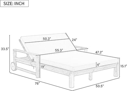 LZ LEISURE ZONE Farmhouse-Style Acacia Wood Outdoor Daybed for 2,Weather-Resistant Patio Lounger with 4-Position Adjustable Backrest & Wheels,High-Resilience Foam Cushions,for Poolside, Garden(Grey)